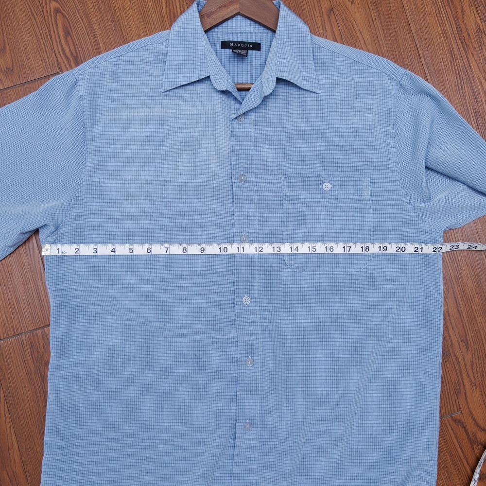 Marquis Mens Blue Micro Check Short Sleeve Button Down Shirt Medium Microfiber - Picture 4 of 6